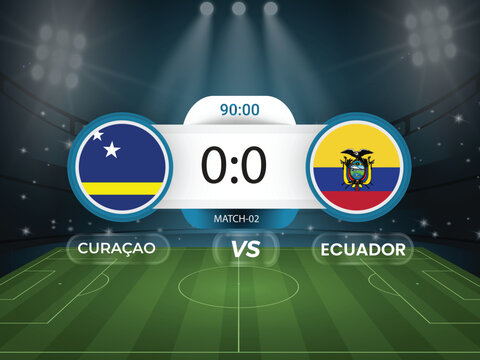 Ecuador vs Cura&ccedil;ao 2026 world cup match with scoreboard and broadcast schedule template design