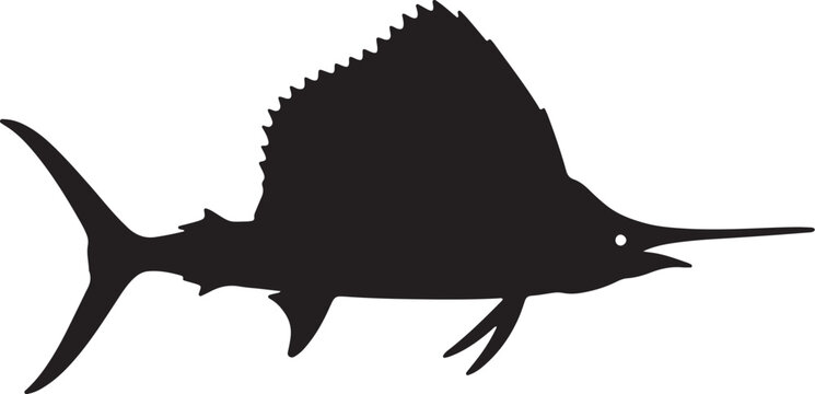 Black silhouette of a sailfish with serrated dorsal fin also transparent background marine life