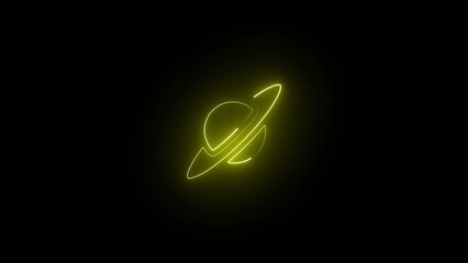 Glowing neon yellow Saturn planet with rings on black background © 10 YEARS