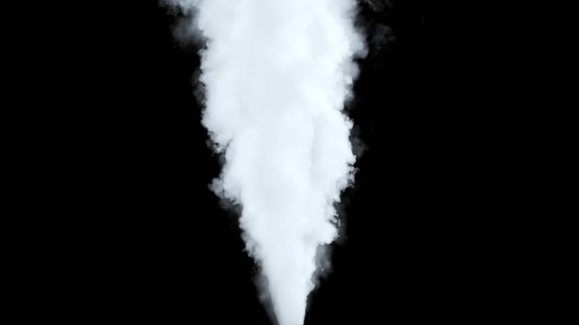 Powerful White Smoke Jet, Vertical Smoke Plume on Black, Heavy Steam Burst Animation, White Vapor Cloud Rising Up.