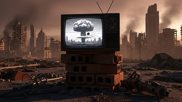Old TV Displays Nuclear Explosion in Ruins.