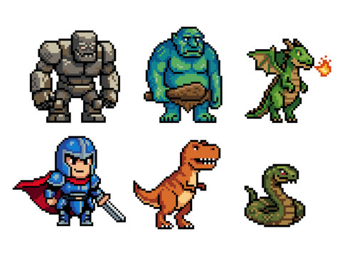 Pixel Art Fantasy Characters &ndash; Dragon, Golem, Ogre, Knight, Dinosaur 8 Bit Sprites Vector