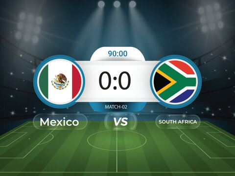 Mexico vs South Africa 2026 world cup match with scoreboard and broadcast schedule template design