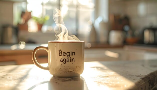 Ceramic coffee mug with motivational quote begins again sitting on a sunlit kitchen counter with soft steam rising for a peaceful morning