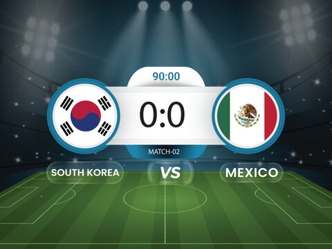Mexico vs South Korea 2026 world cup match with scoreboard and broadcast schedule template design