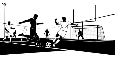 Soccer players in action on the field with goalkeeper