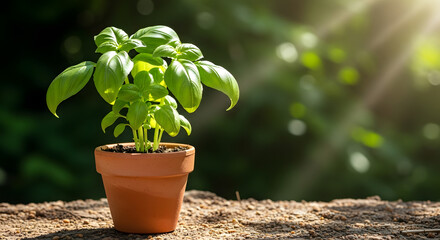 Fresh basil plant in terracotta pot on sunny garden surface
