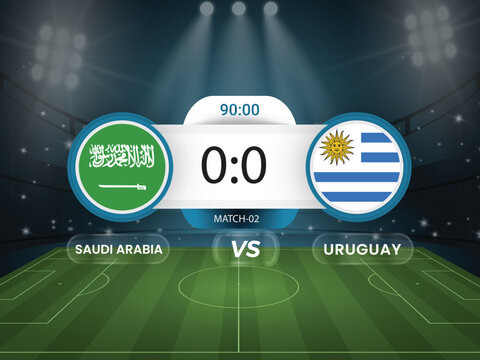 Saudi Arabia vs Uruguay 2026 world cup match with scoreboard and broadcast schedule template design