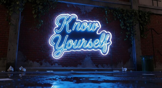 Neon Sign Know Yourself in Dark Room.