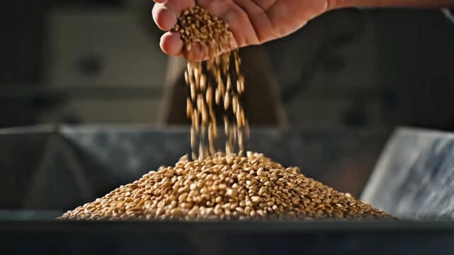 Hand pouring golden wheat grains into a pile. Perfect for agriculture, food, or brewing concepts
