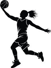 Black silhouette vector illustration of a female basketball player jumping for a layup or slam dunk isolated on white background for sports and fitness design © Ketab