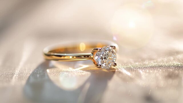 Close up of a solitaire diamond engagement ring with a gold band. The gem sparkles beautifully in the sunlight, creating elegant flares