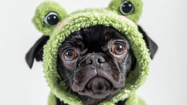 cute dog, adorable pug puppy in a whimsical frog hat, looking directly with big, curious eyes