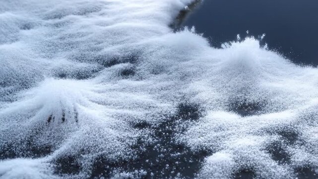 Frost patterns on dark surface with intricate icy textures and crystalline formations, abstract winter landscape background