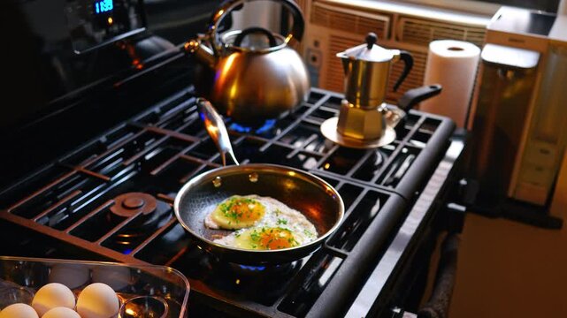 Two fried eggs with chives in pan on gas stove. Sunny side up eggs with chopped chives cooking in a non-stick skillet on a black gas range in a kitchen.