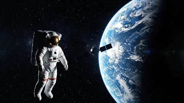 Astronaut floating in space near Earth with satellite
