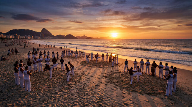 Capoeira practitioners performing in circles on sunset beach sand