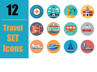 12 Travel Icons Set with Lighthouse, Bus, Train, Ship, Airplane, Sailboat and Tourism Transportation Flat Vector