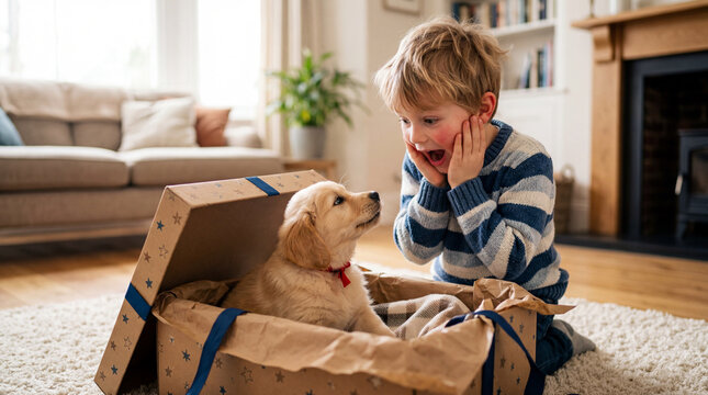 Surprised young boy opening a cardboard gift box containing puppy