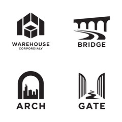Fototapeta premium Four minimalist black and white logos warehouse bridge arch and gate
