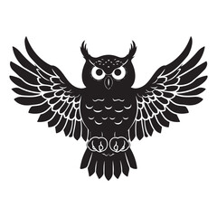 Obraz premium Black owl flying wings spread vector illustration flat design