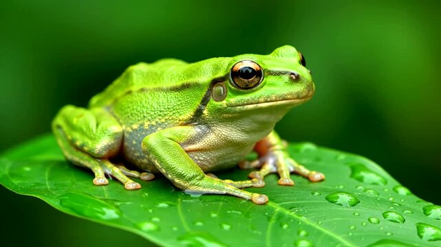 Close-up of a vibrant green frog resting on a wet leaf in a lush forest.