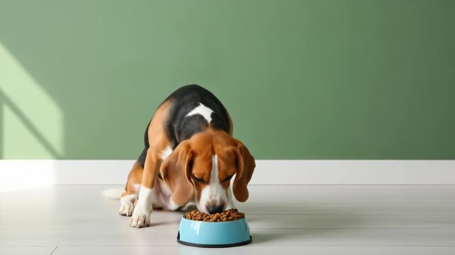 A small dog with brown, black, and white fur eats from a blue bowl on a grey floor
