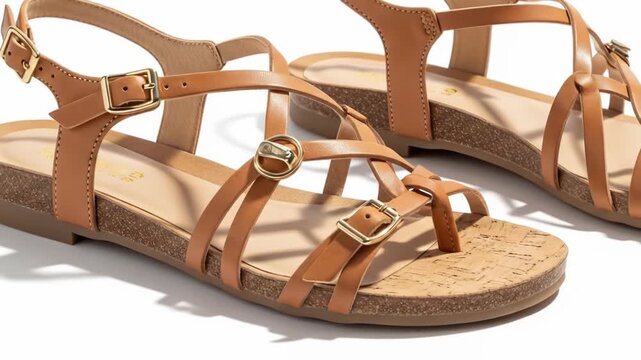 A pair of tan leather sandals with multiple straps and gold buckles on a white background
