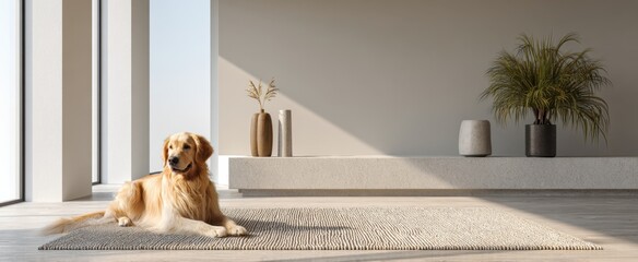 Plakat Golden retriever dog lying on rug in bright minimal living room with natural light for pet lifestyle design, card, poster, background