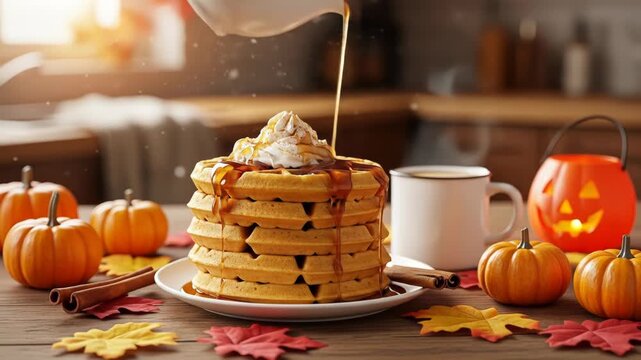A stack of pancakes with whipped cream and syrup being poured, surrounded by pumpkins, autumn leaves, and a mug on a table