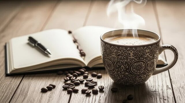 A steaming mug of coffee on a wooden table with an open book and scattered coffee beans