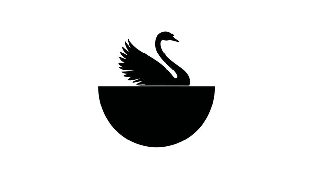 Black swan silhouette swimming in a minimalist half-circle of water. Elegant graphic design element, icon, or logo concept.