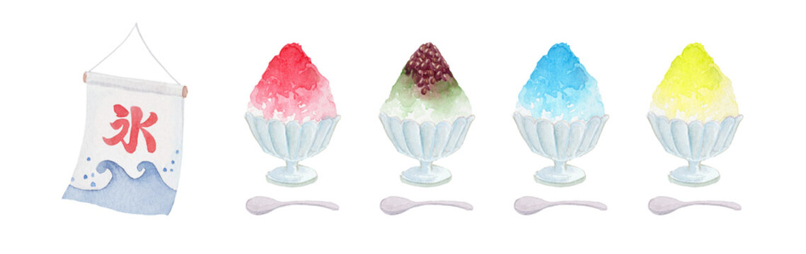 Watercolor shaved ice set with strawberry, matcha, blue Hawaii, and lemon flavors, Japanese kakigori with ice flag.