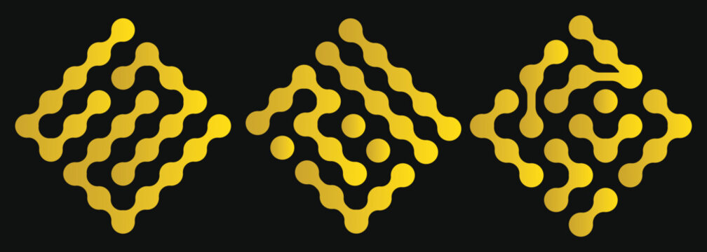 Pattern of golden meta balls isolated on black background. Modern geometric shapes of liquid connected drops. Vector illustration. EPS 10.