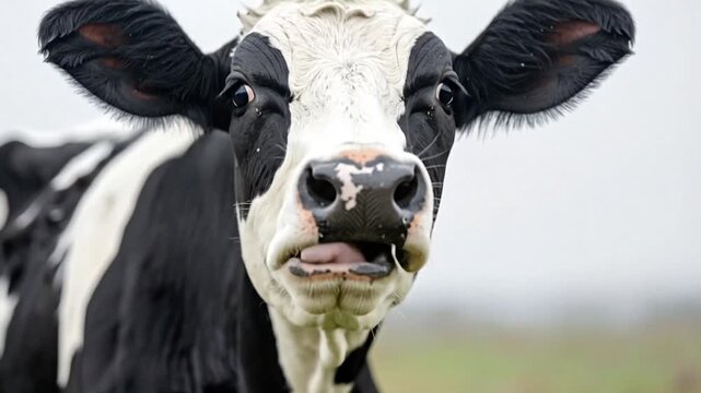 Close-up of a black and white cow face.