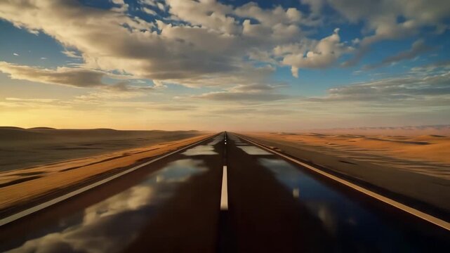 Minimal desert environment, perfectly straight highway centered frame. Twilight blue hour lighting soft gradient sky desert ground reflects sky digital mirror, reflection slight delayed effect micro