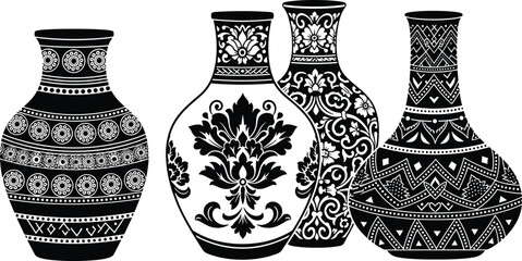 Decorative vase silhouette collection, floral and geometric motif artwork, cultural pottery design illustration set © Fenshi