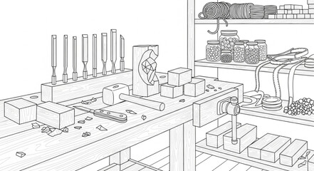 Detailed sketch of industrial machinery and equipment on a workbench.