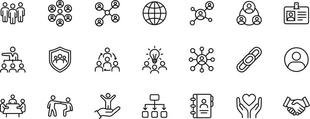 A collection of black and white line icons depicting business and social connections © KRISNA4132