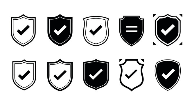  Set of shield icons with check marks in flat vector style, security and protection symbols collection for verification and safety concepts