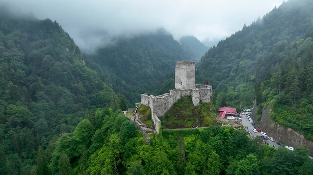 Historical Zilkale (Zil Kale) Castle located in Camlıhemsin, Rize and Kackar Mountains in the background