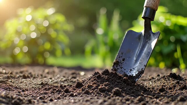 Gardening trowel in fresh soil with green background and sunlight