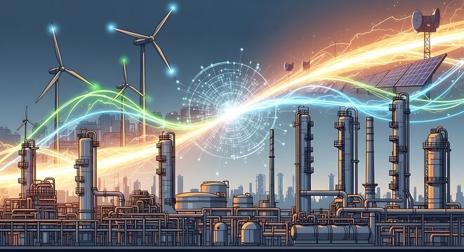 Industrial Landscape with Renewable Energy Turbines.