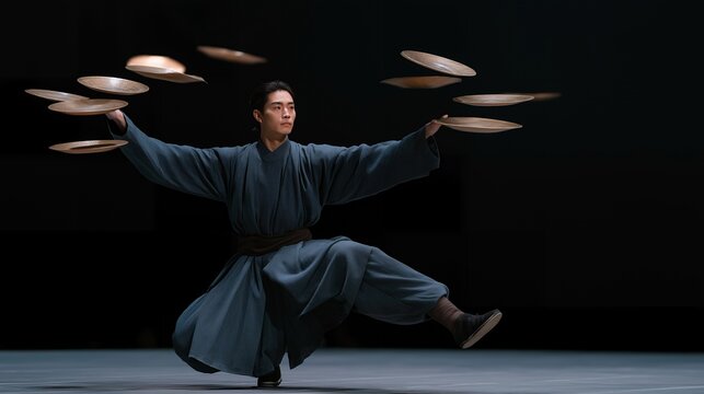 Peking acrobat performing extraordinary balancing act with spinning plates in a traditional Chinese variety show, perfect for Chinese traditional performance, acrobat culture, balancing tradition,