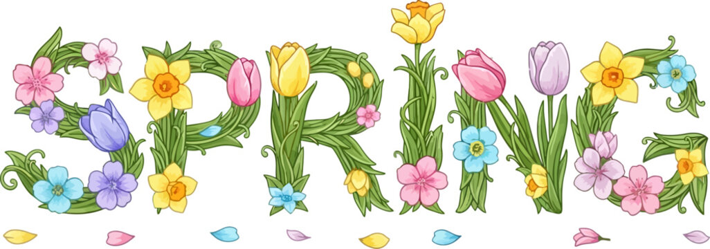 Vibrant spring flowers forming the word 'spring'