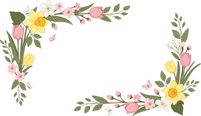 Obraz premium Vibrant floral border with butterflies and spring flowers