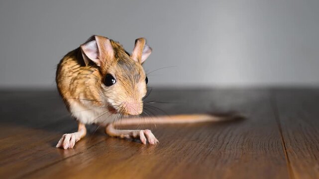 A cute Williams Jerboa (Allactaga williamsi) being cleaned on a wooden floor.
