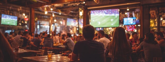 Fototapeta premium Lively Crowd Watching Soccer Match on Large Screens in Vibrant Bar Atmosphere