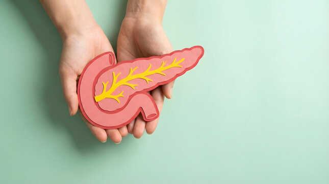 Hands holding paper cutout of pancreas with yellow duct on green background