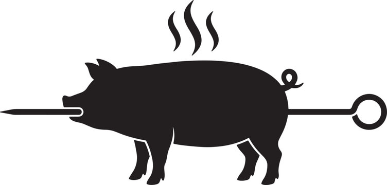 Black silhouette of a whole pig on a spit with steam rising also transparent background roasting